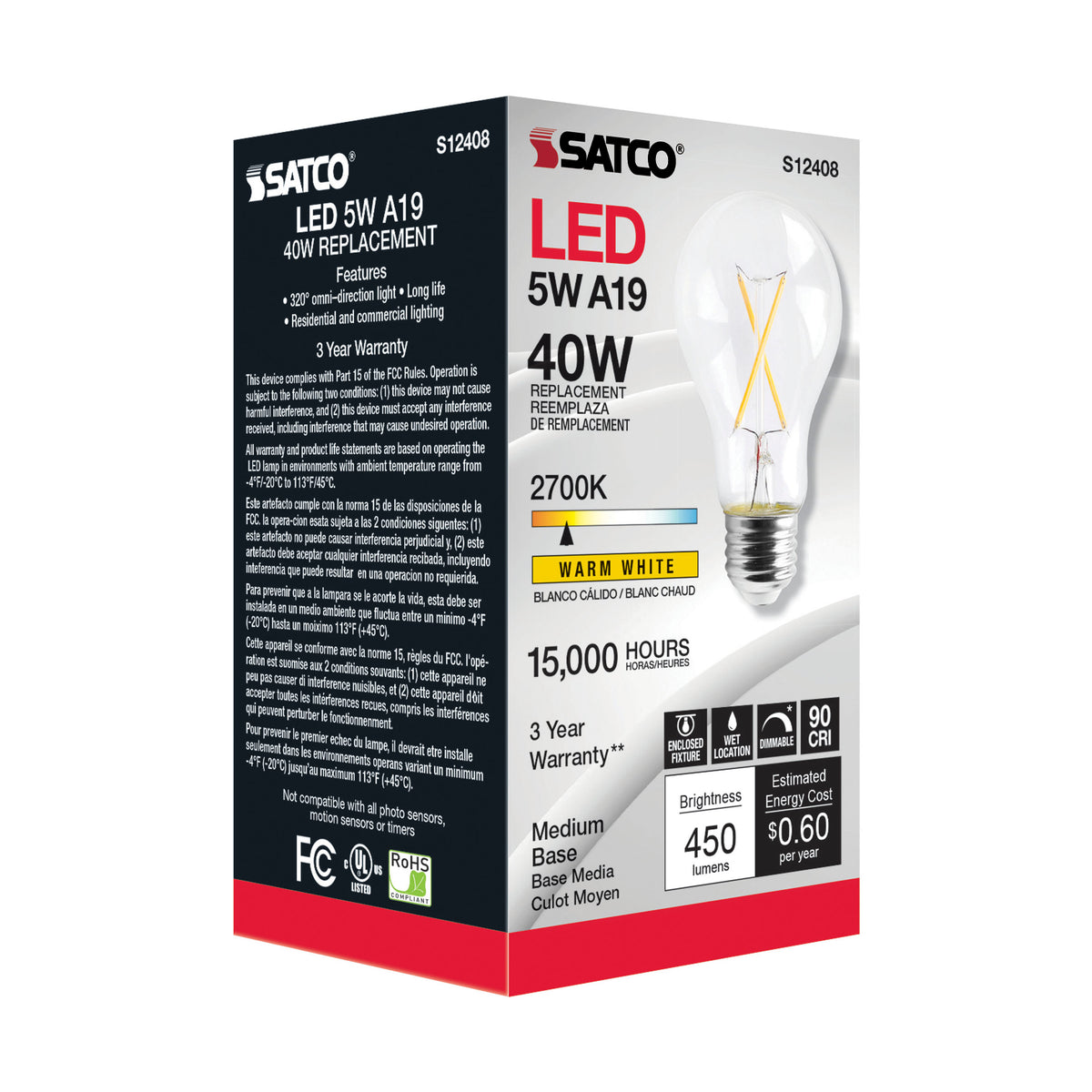 5 Watt A19 LED Filament - Clear - Medium Base - 2700K - 90 CRI - 120 Volt