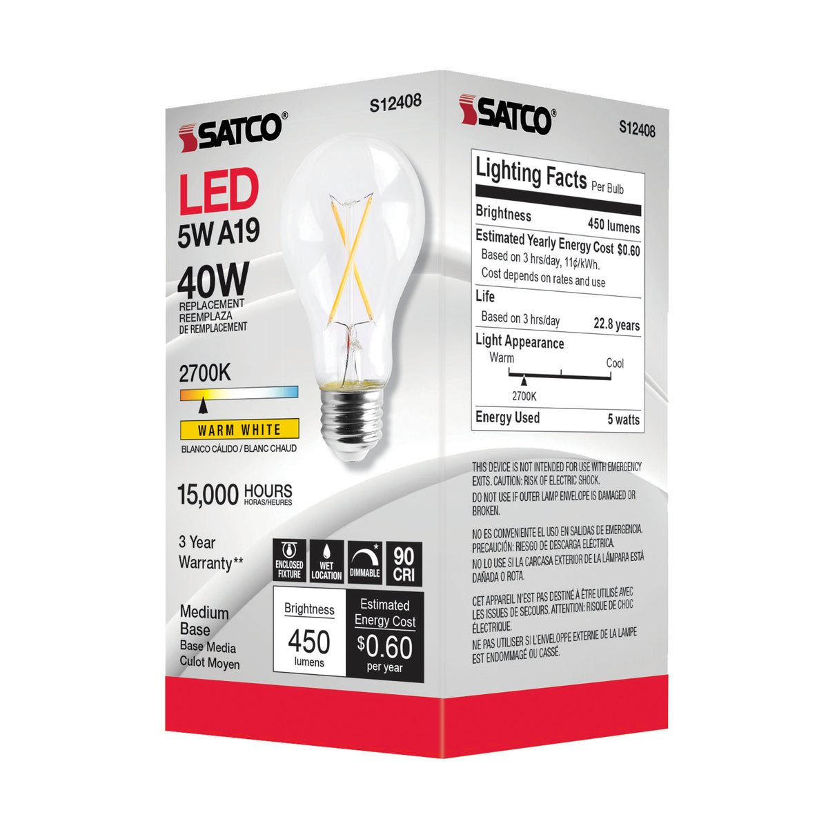 5 Watt A19 LED Filament - Clear - Medium Base - 2700K - 90 CRI - 120 Volt