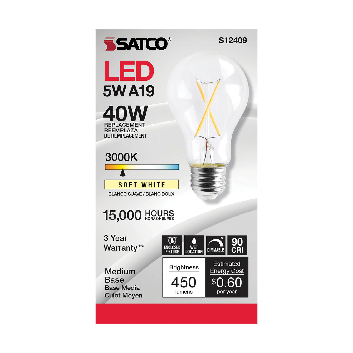 5 Watt A19 LED Filament - Clear - Medium Base - 3000K - 90 CRI - 120 Volt