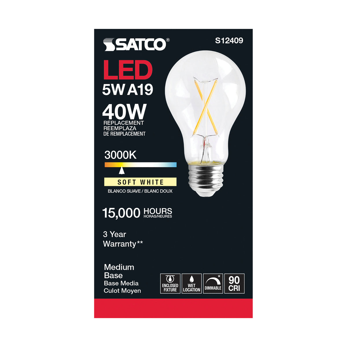 5 Watt A19 LED Filament - Clear - Medium Base - 3000K - 90 CRI - 120 Volt