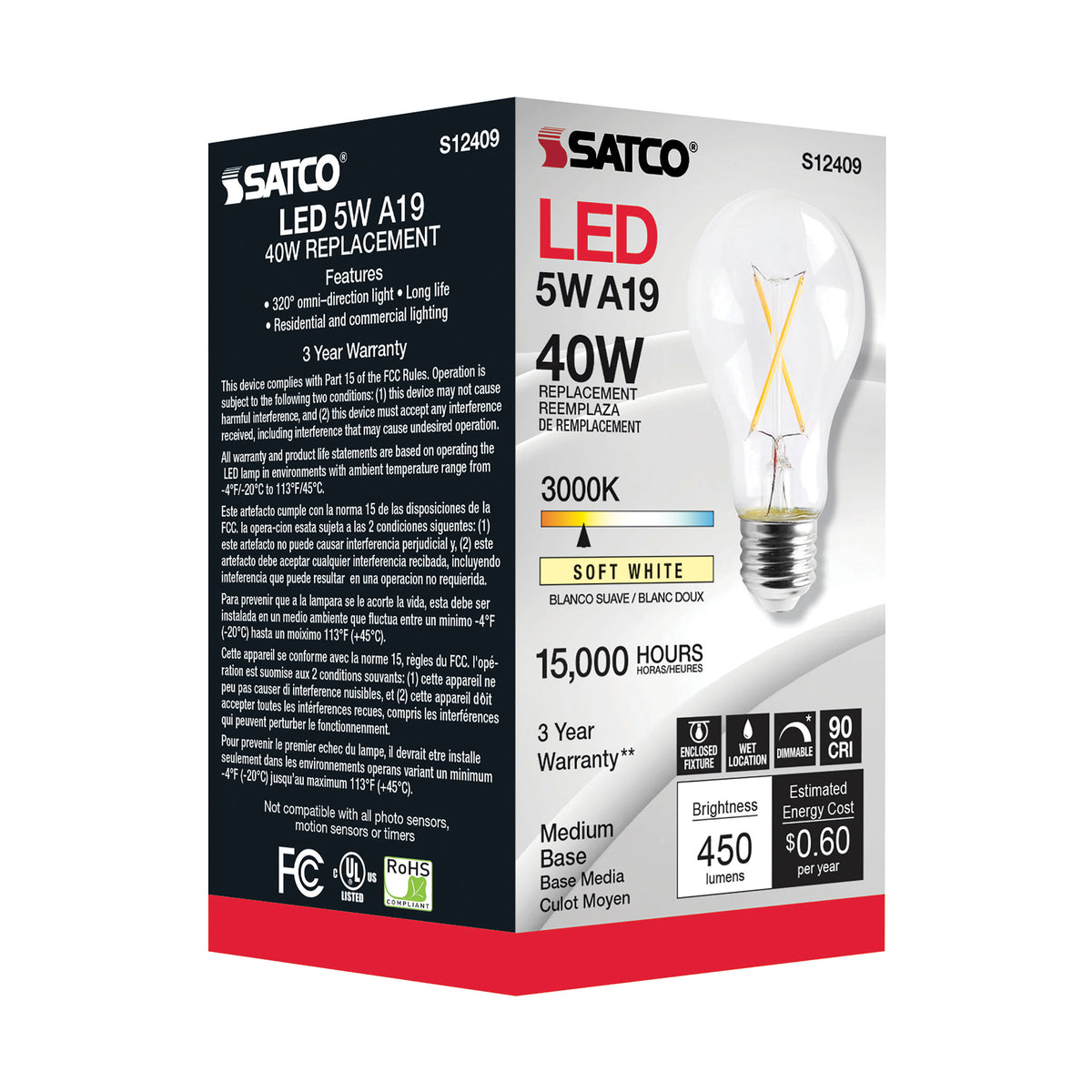 5 Watt A19 LED Filament - Clear - Medium Base - 3000K - 90 CRI - 120 Volt