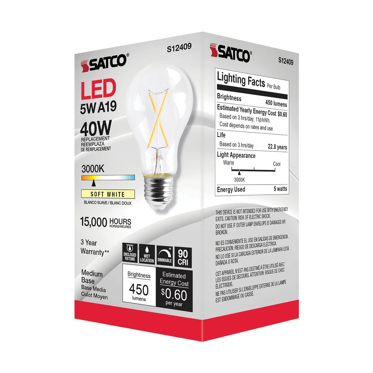 5 Watt A19 LED Filament - Clear - Medium Base - 3000K - 90 CRI - 120 Volt
