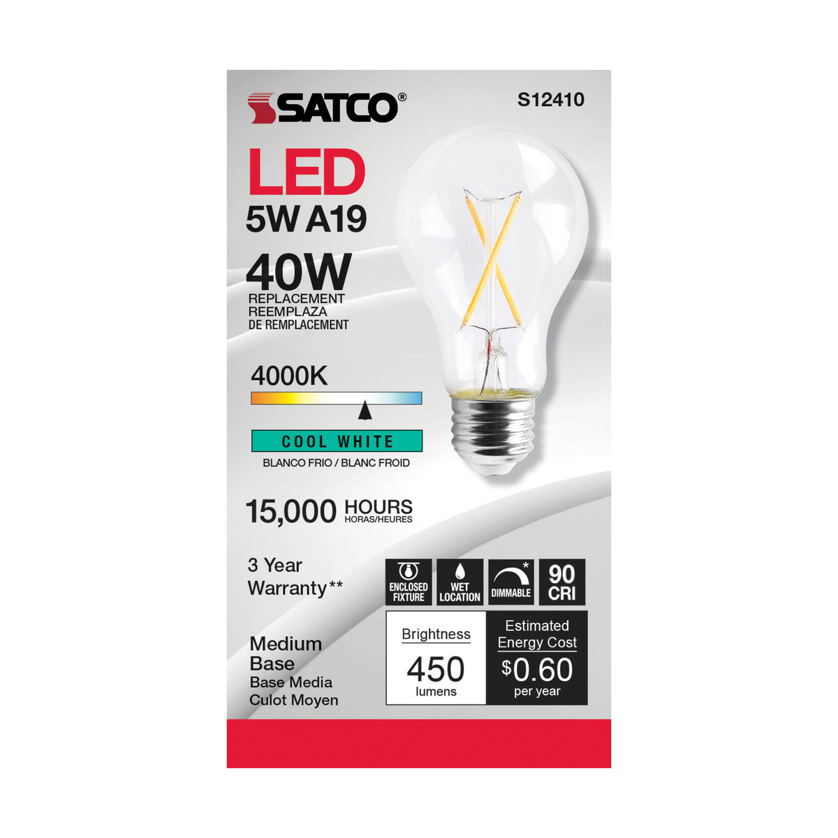 5 Watt A19 LED Filament - Clear - Medium Base - 4000K - 90 CRI - 120 Volt