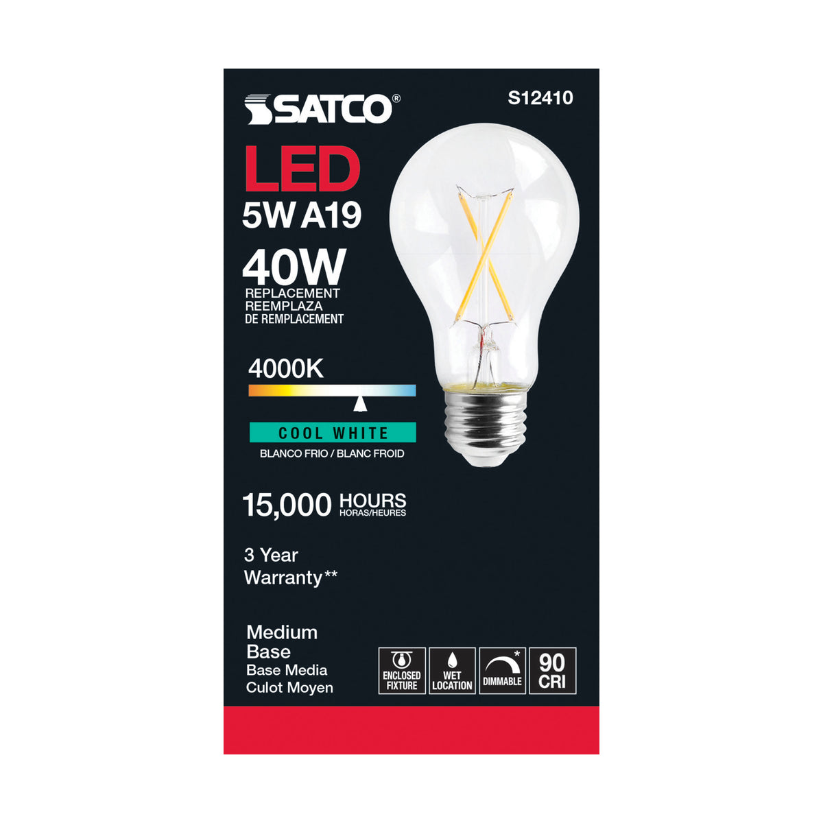 5 Watt A19 LED Filament - Clear - Medium Base - 4000K - 90 CRI - 120 Volt