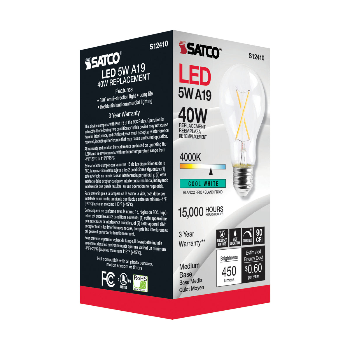 5 Watt A19 LED Filament - Clear - Medium Base - 4000K - 90 CRI - 120 Volt