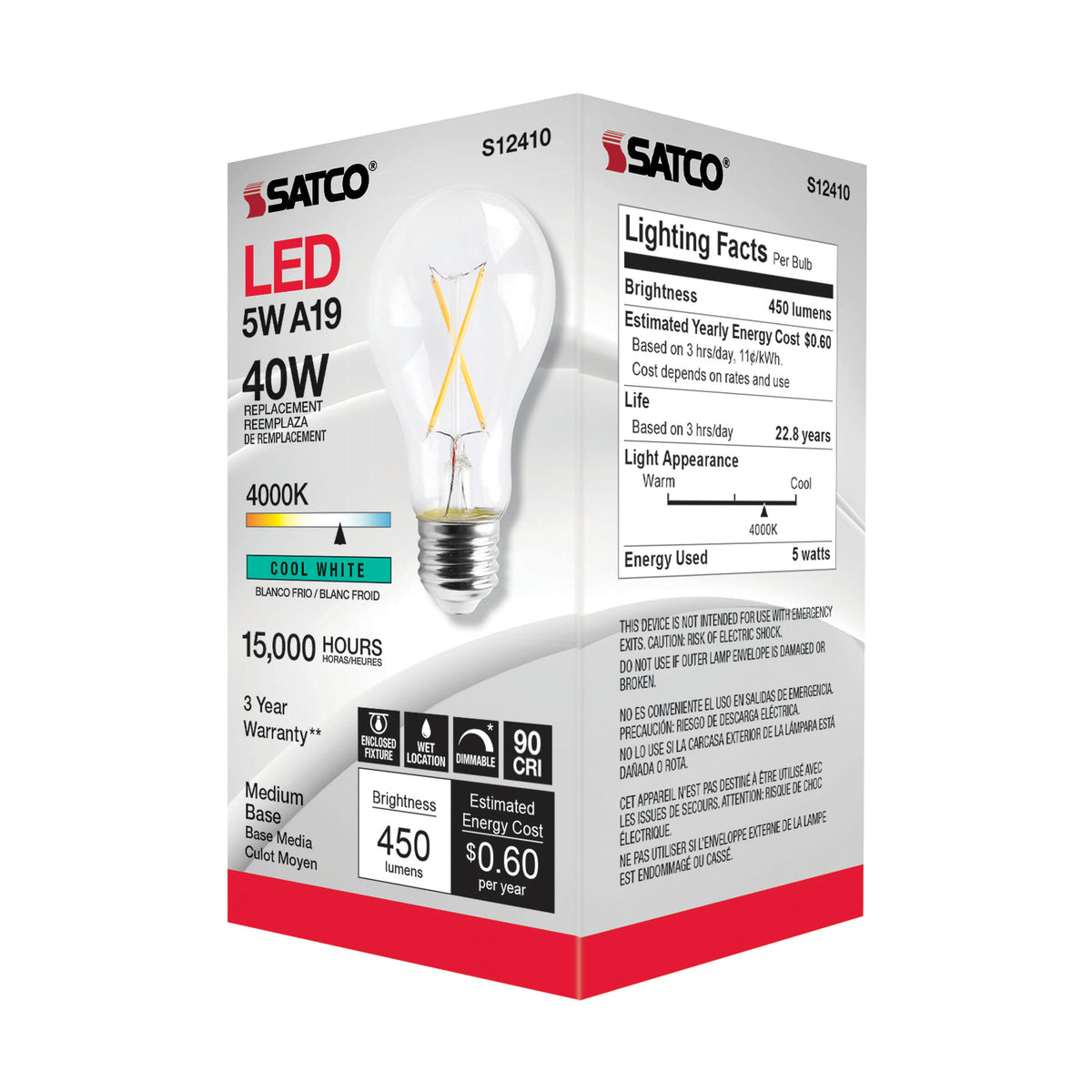 5 Watt A19 LED Filament - Clear - Medium Base - 4000K - 90 CRI - 120 Volt
