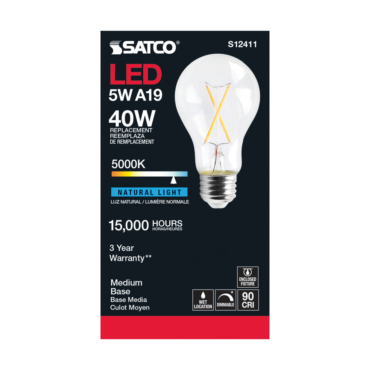 5 Watt A19 LED Filament - Clear - Medium Base - 5000K - 90 CRI - 120 Volt