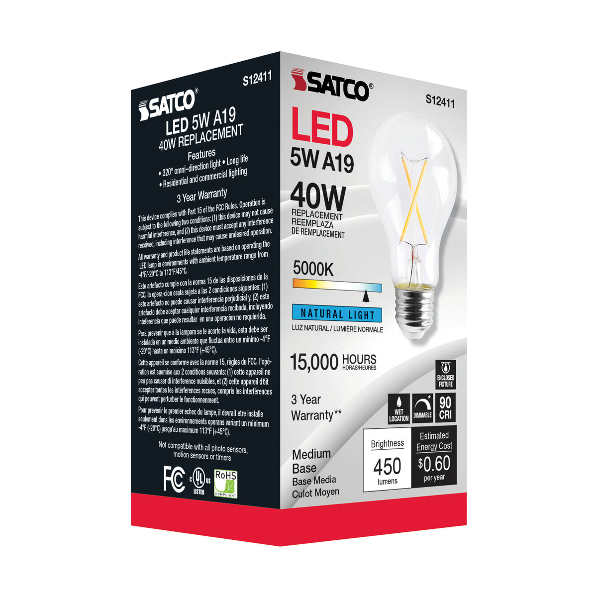 5 Watt A19 LED Filament - Clear - Medium Base - 5000K - 90 CRI - 120 Volt