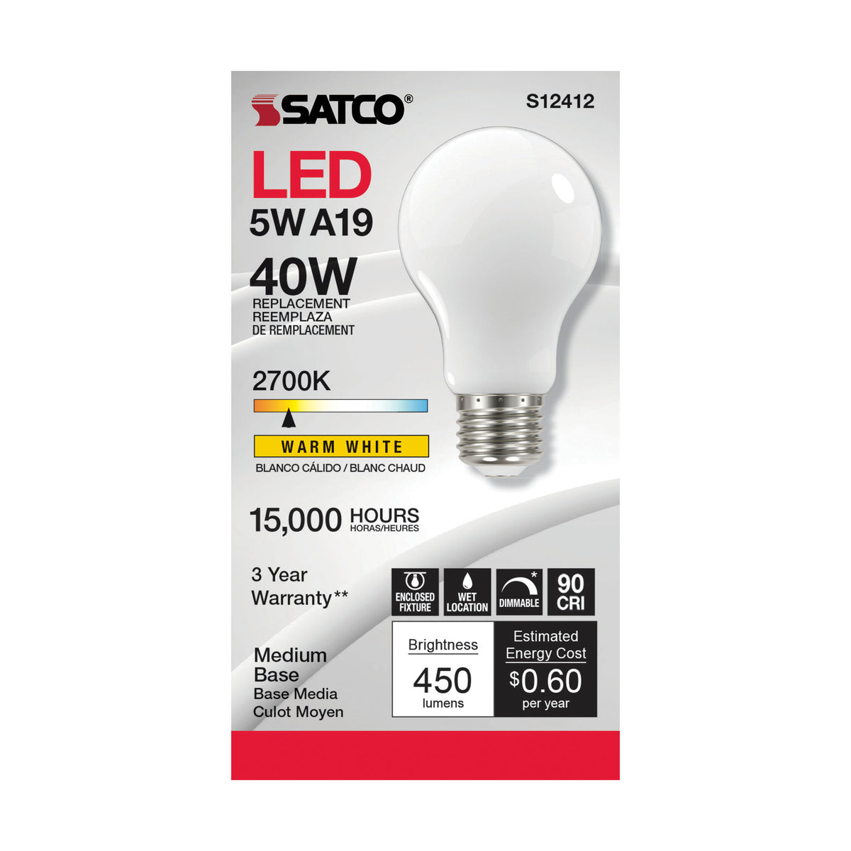 5 Watt A19 LED Filament - Soft White - 2700K - Medium base - 90 CRI - 120 Volt