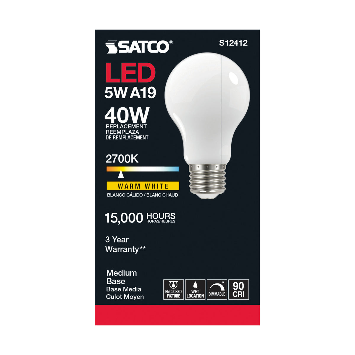 5 Watt A19 LED Filament - Soft White - 2700K - Medium base - 90 CRI - 120 Volt