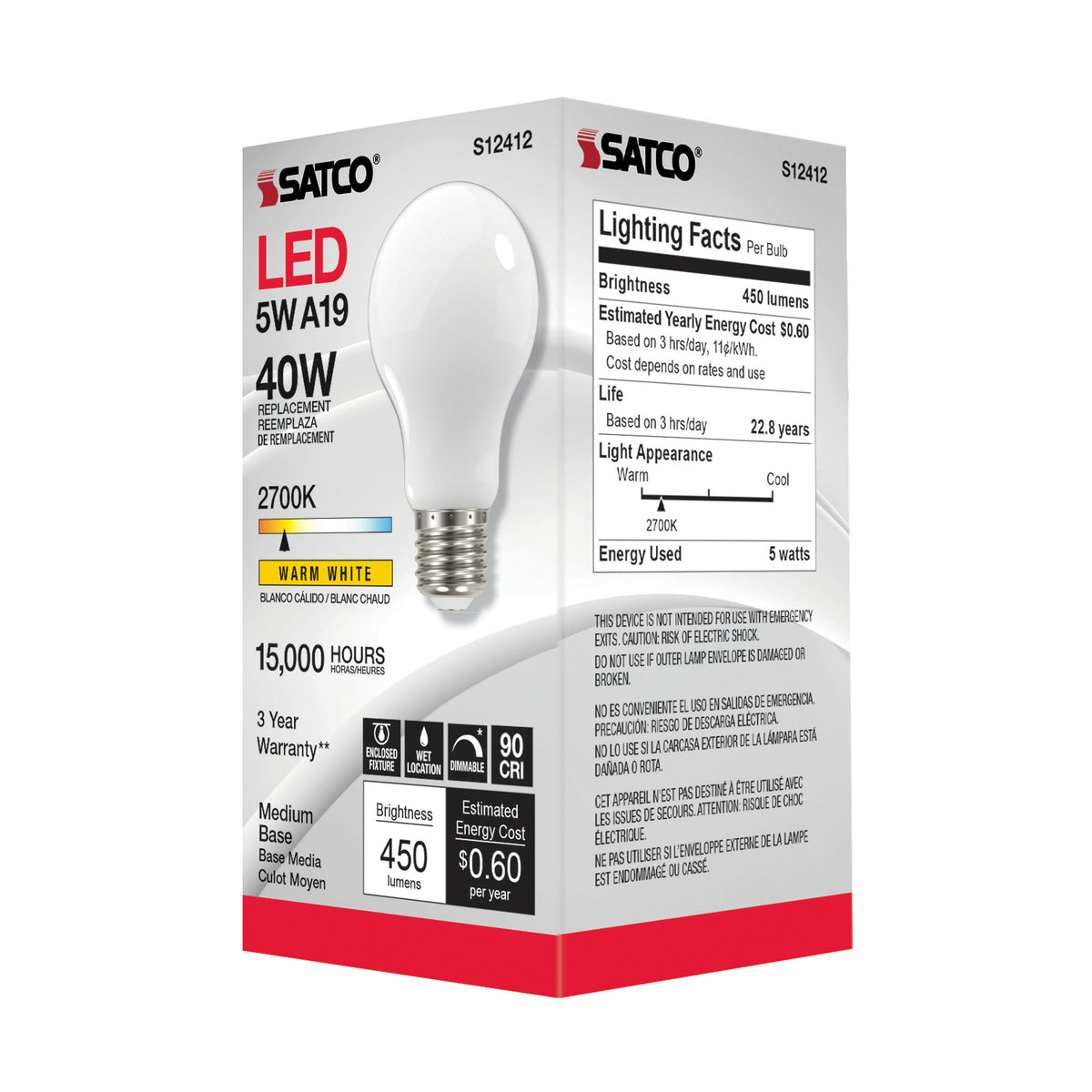5 Watt A19 LED Filament - Soft White - 2700K - Medium base - 90 CRI - 120 Volt