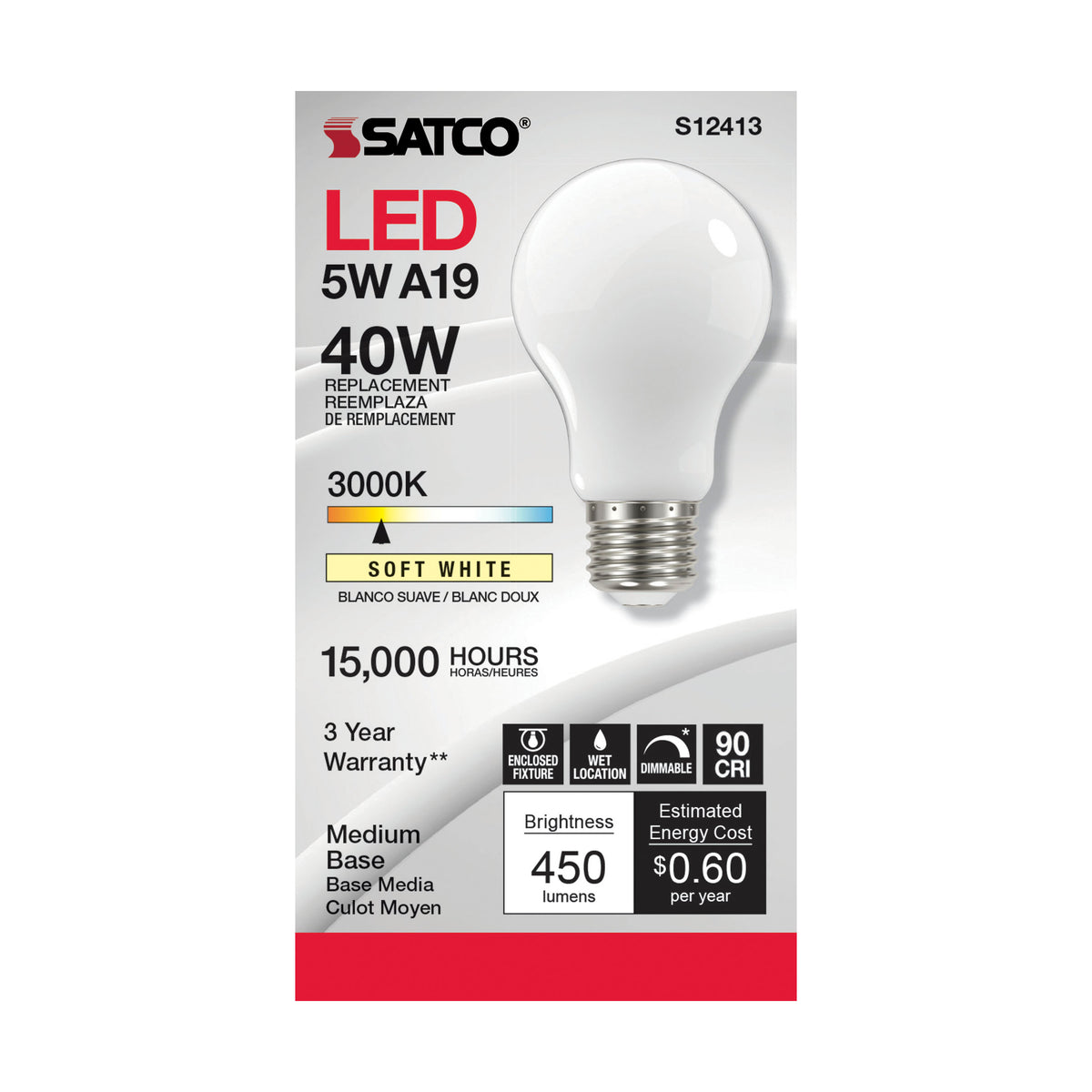 5 Watt A19 LED Filament - Soft White - 3000K - Medium base - 90 CRI - 120 Volt