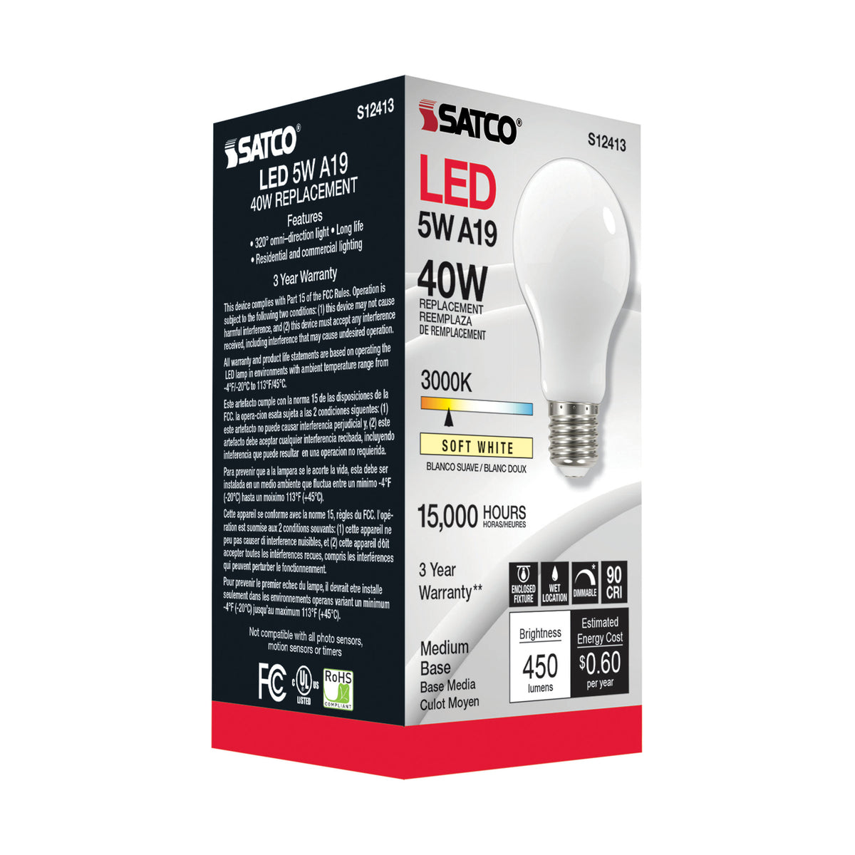 5 Watt A19 LED Filament - Soft White - 3000K - Medium base - 90 CRI - 120 Volt