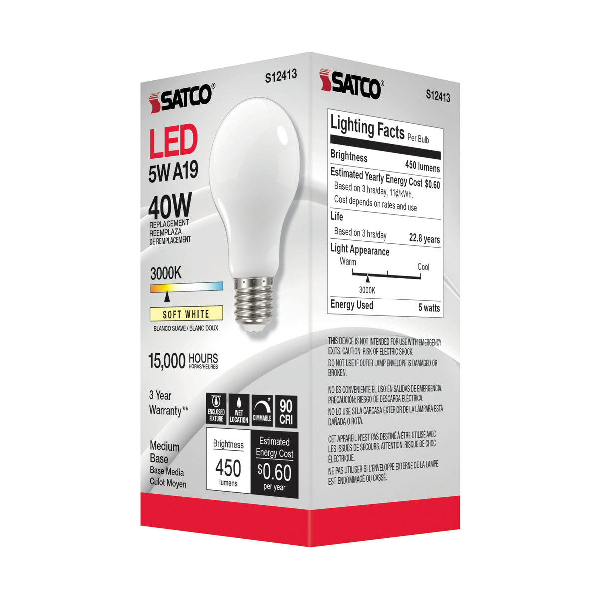 5 Watt A19 LED Filament - Soft White - 3000K - Medium base - 90 CRI - 120 Volt