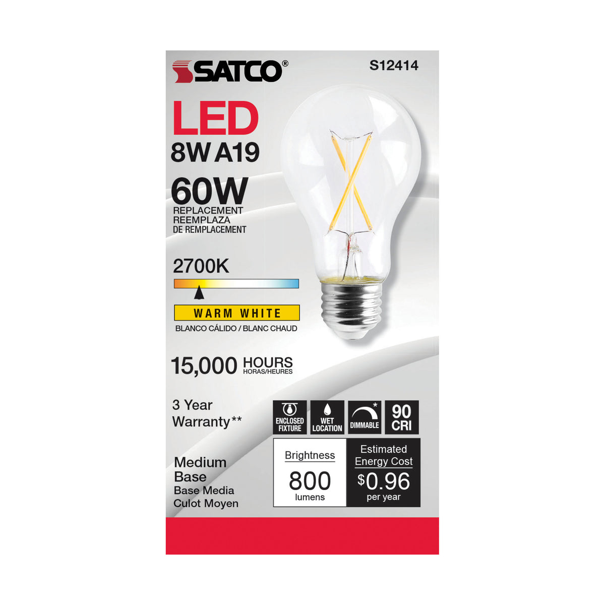 8 Watt A19 LED Filament - Clear - Medium Base - 2700K - 90 CRI - 120 Volt
