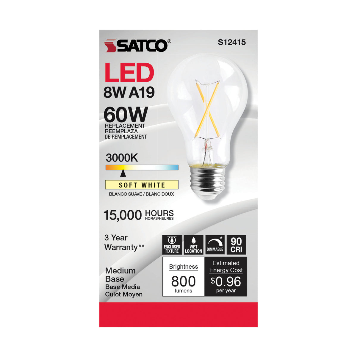 8 Watt A19 LED Filament - Clear - Medium Base - 3000K - 90 CRI - 120 Volt