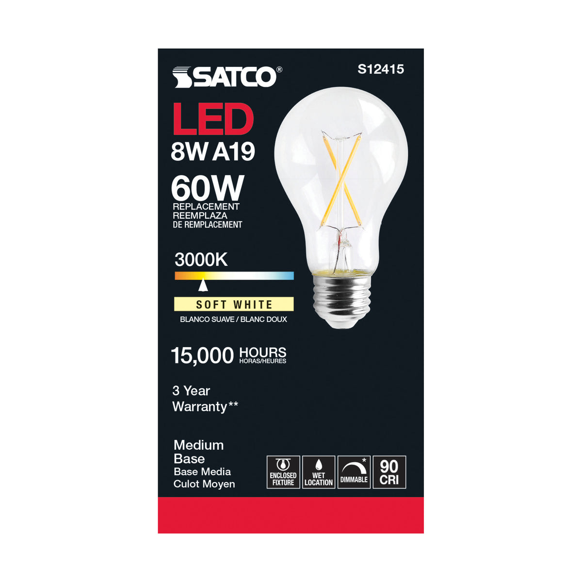 8 Watt A19 LED Filament - Clear - Medium Base - 3000K - 90 CRI - 120 Volt