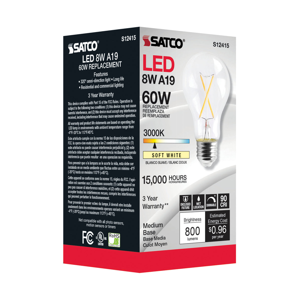 8 Watt A19 LED Filament - Clear - Medium Base - 3000K - 90 CRI - 120 Volt