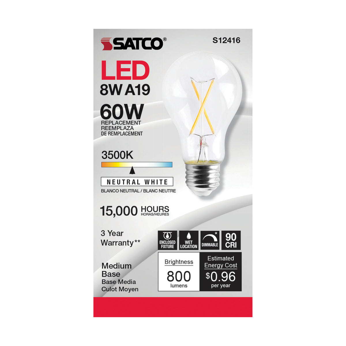8 Watt A19 LED Filament - Clear - Medium Base - 3500K - 90 CRI - 120 Volt