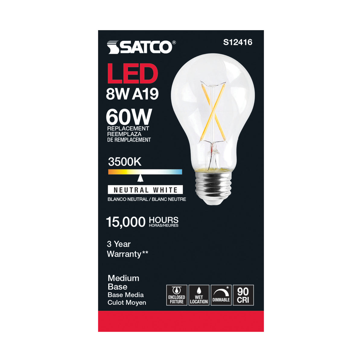 8 Watt A19 LED Filament - Clear - Medium Base - 3500K - 90 CRI - 120 Volt