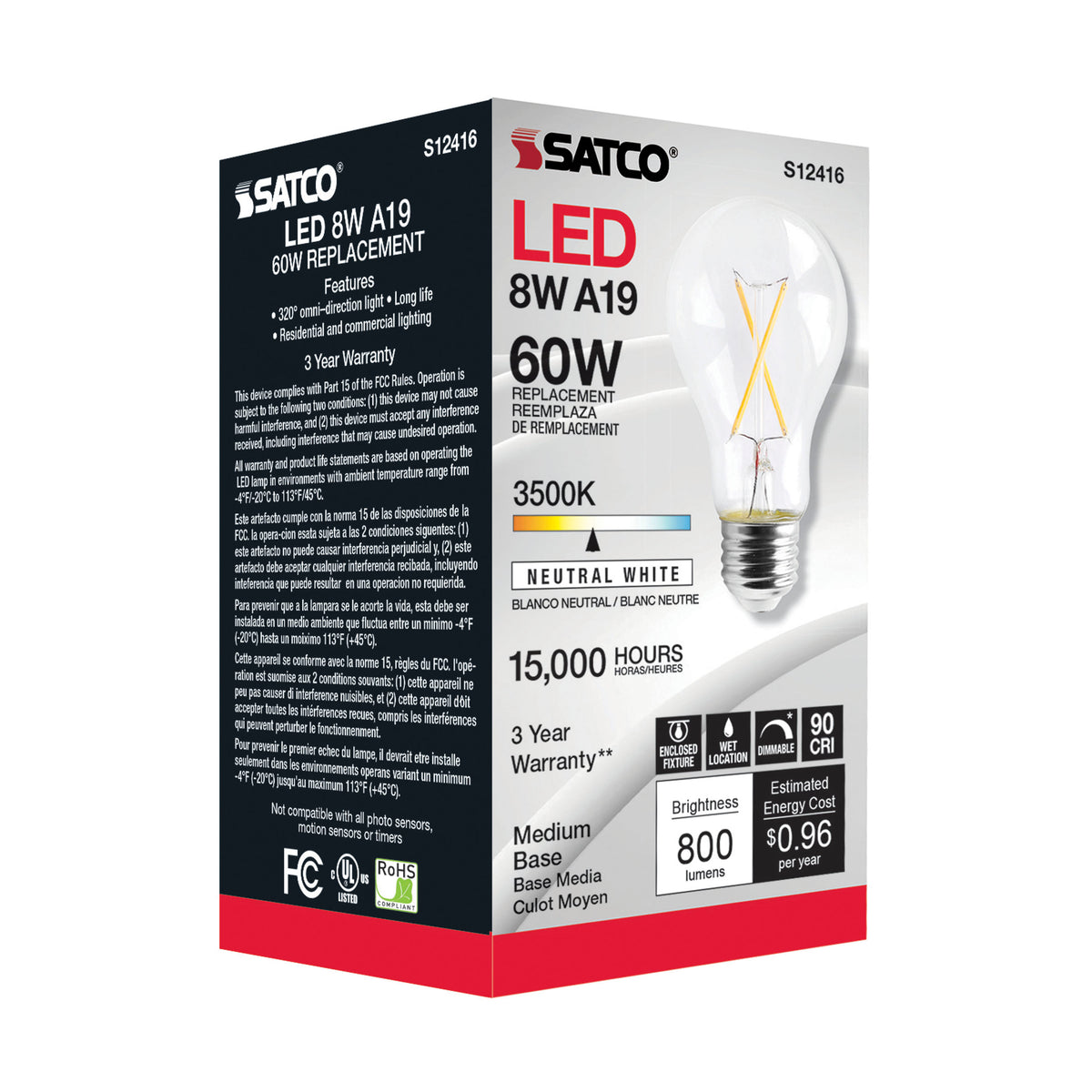 8 Watt A19 LED Filament - Clear - Medium Base - 3500K - 90 CRI - 120 Volt