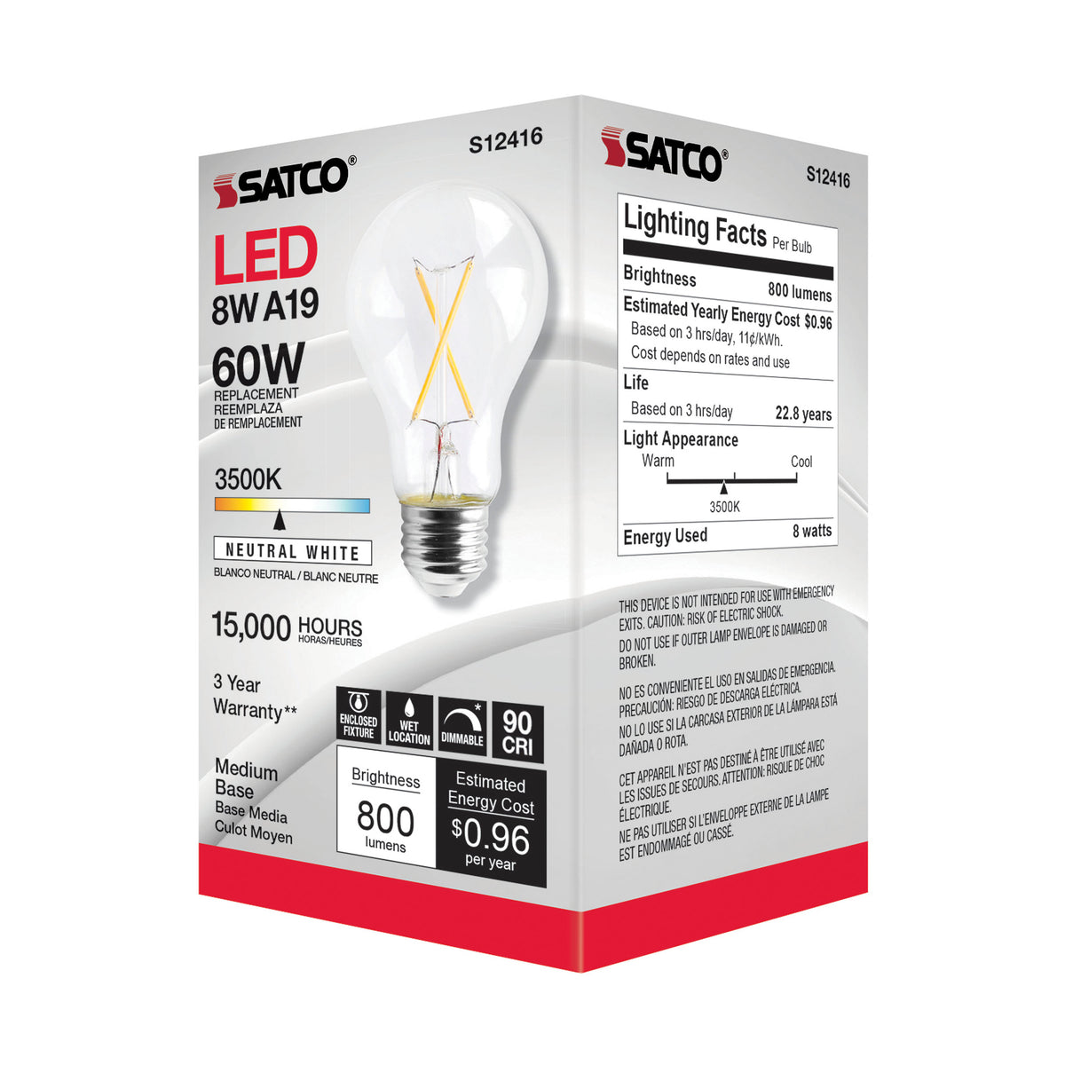 8 Watt A19 LED Filament - Clear - Medium Base - 3500K - 90 CRI - 120 Volt