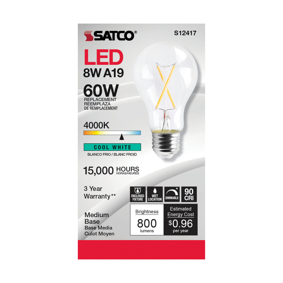 8 Watt A19 LED Filament - Clear - Medium Base - 4000K - 90 CRI - 120 Volt