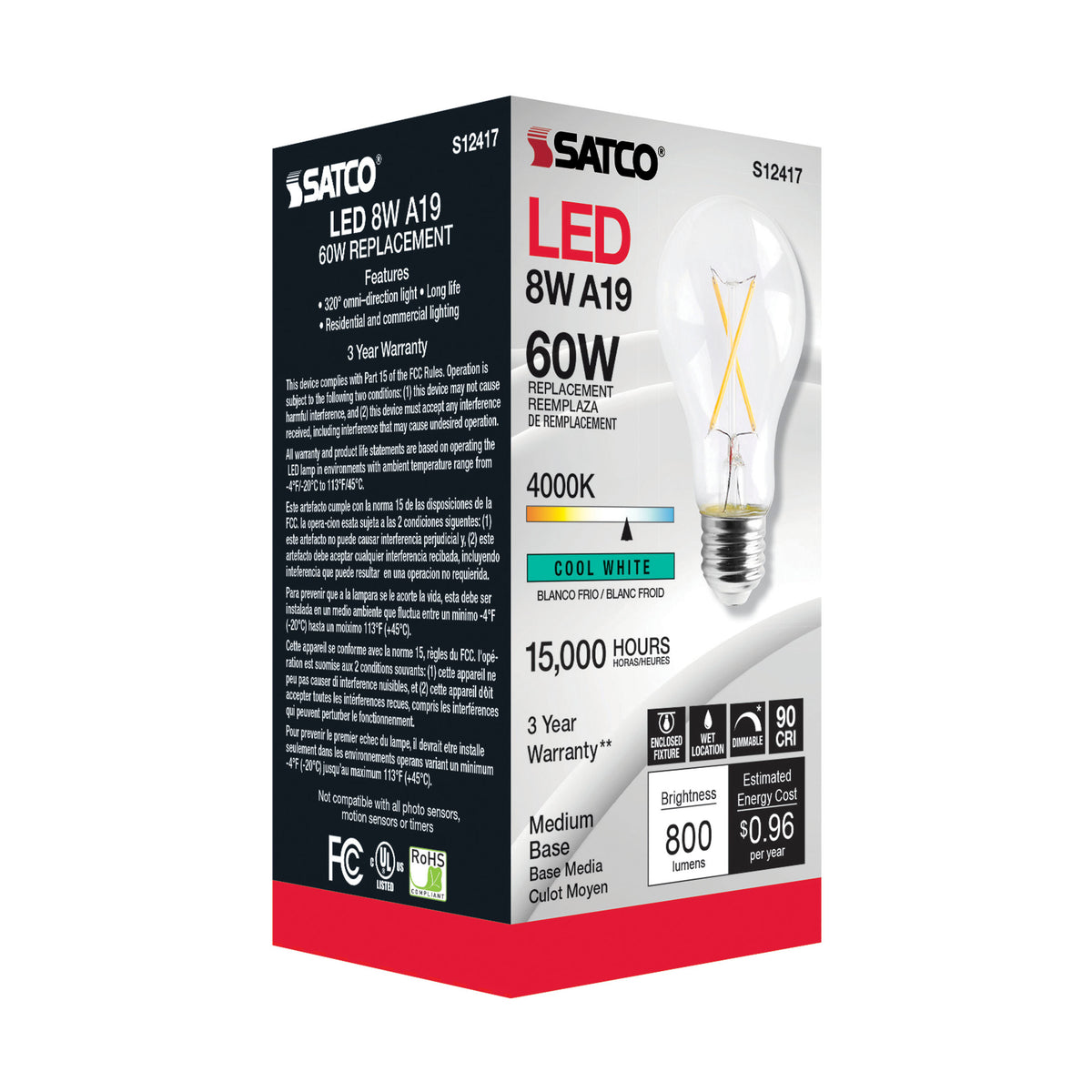 8 Watt A19 LED Filament - Clear - Medium Base - 4000K - 90 CRI - 120 Volt