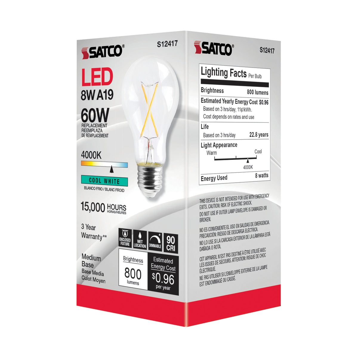 8 Watt A19 LED Filament - Clear - Medium Base - 4000K - 90 CRI - 120 Volt
