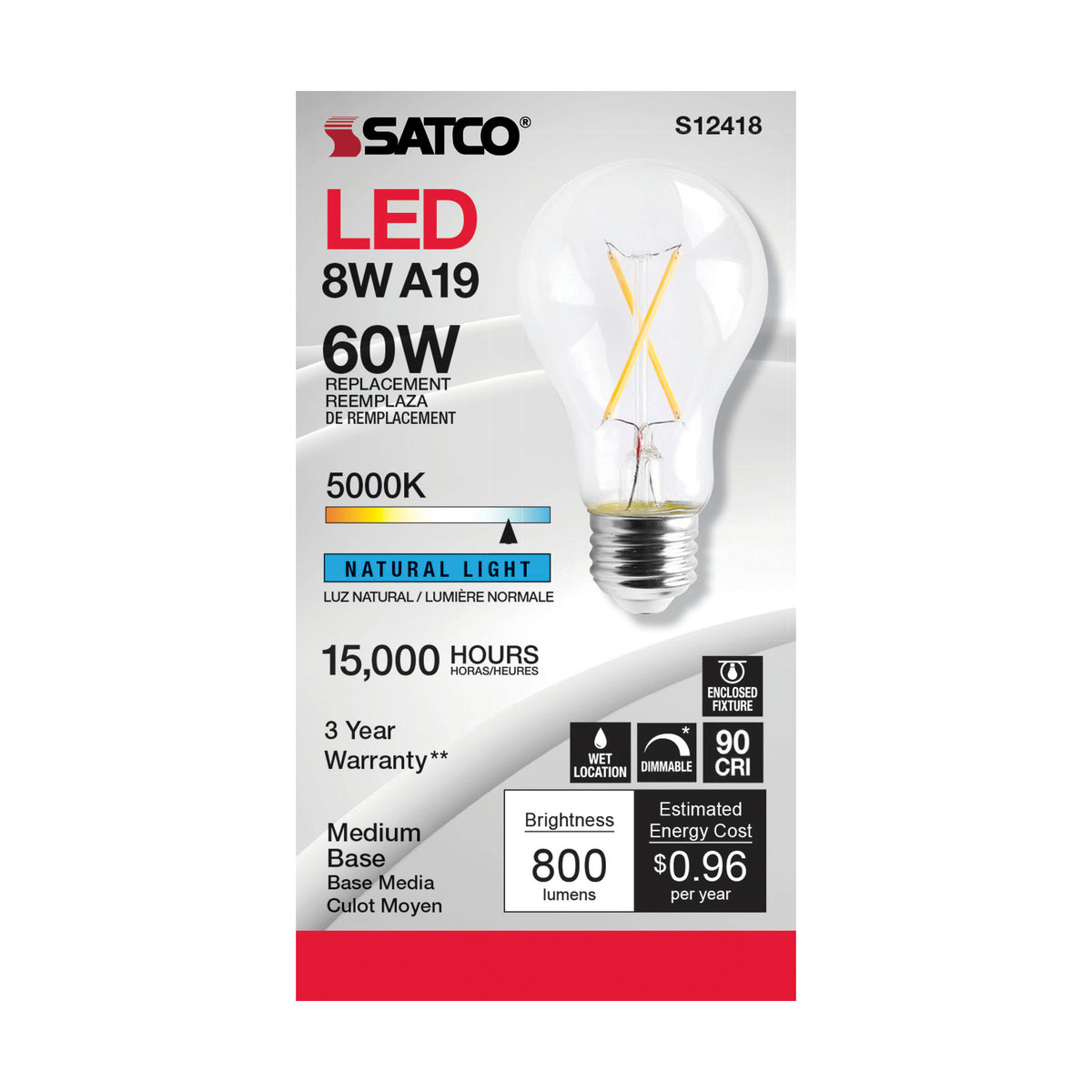 8 Watt A19 LED Filament - Clear - Medium Base - 5000K - 90 CRI - 120 Volt