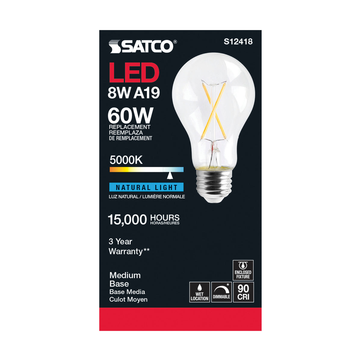 8 Watt A19 LED Filament - Clear - Medium Base - 5000K - 90 CRI - 120 Volt