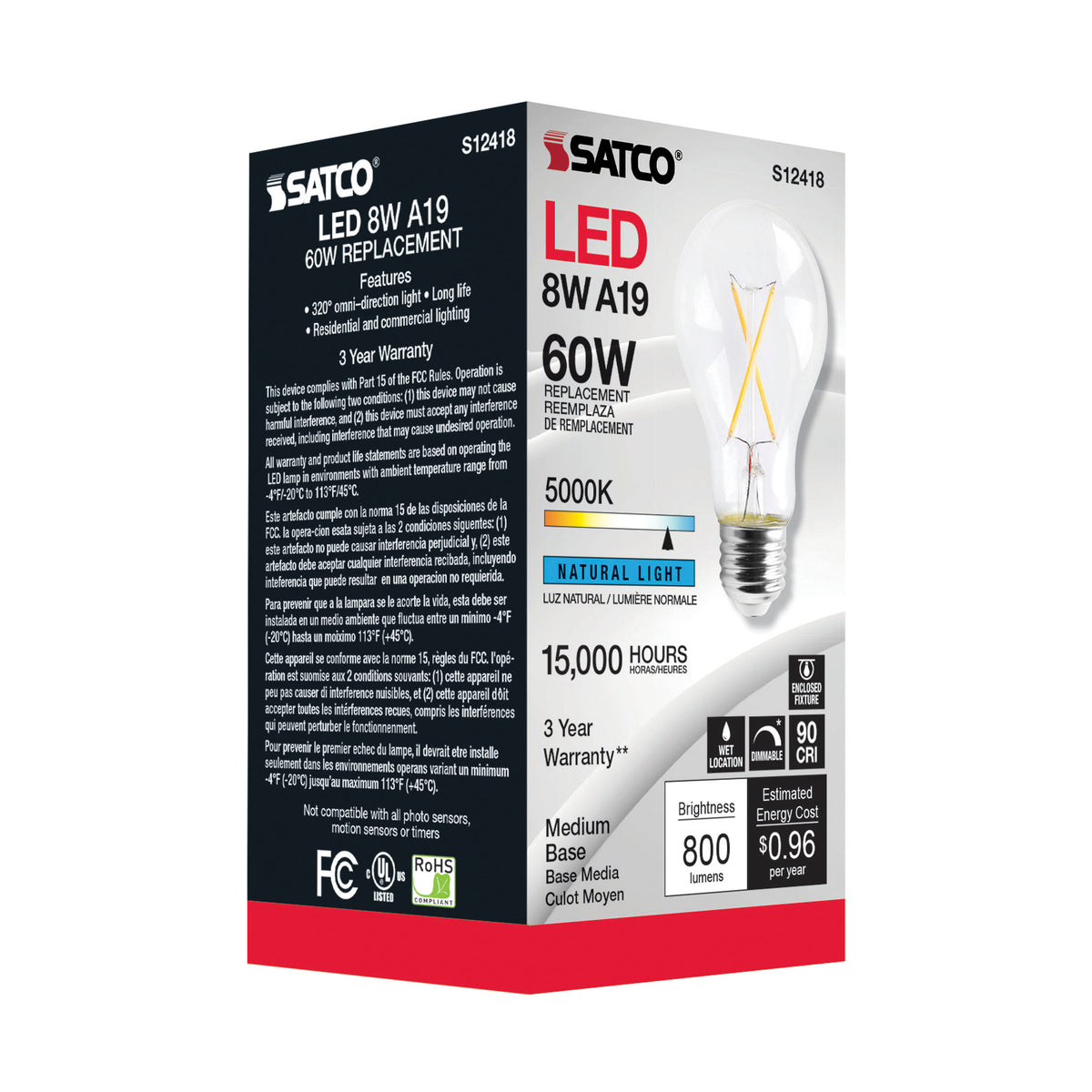 8 Watt A19 LED Filament - Clear - Medium Base - 5000K - 90 CRI - 120 Volt