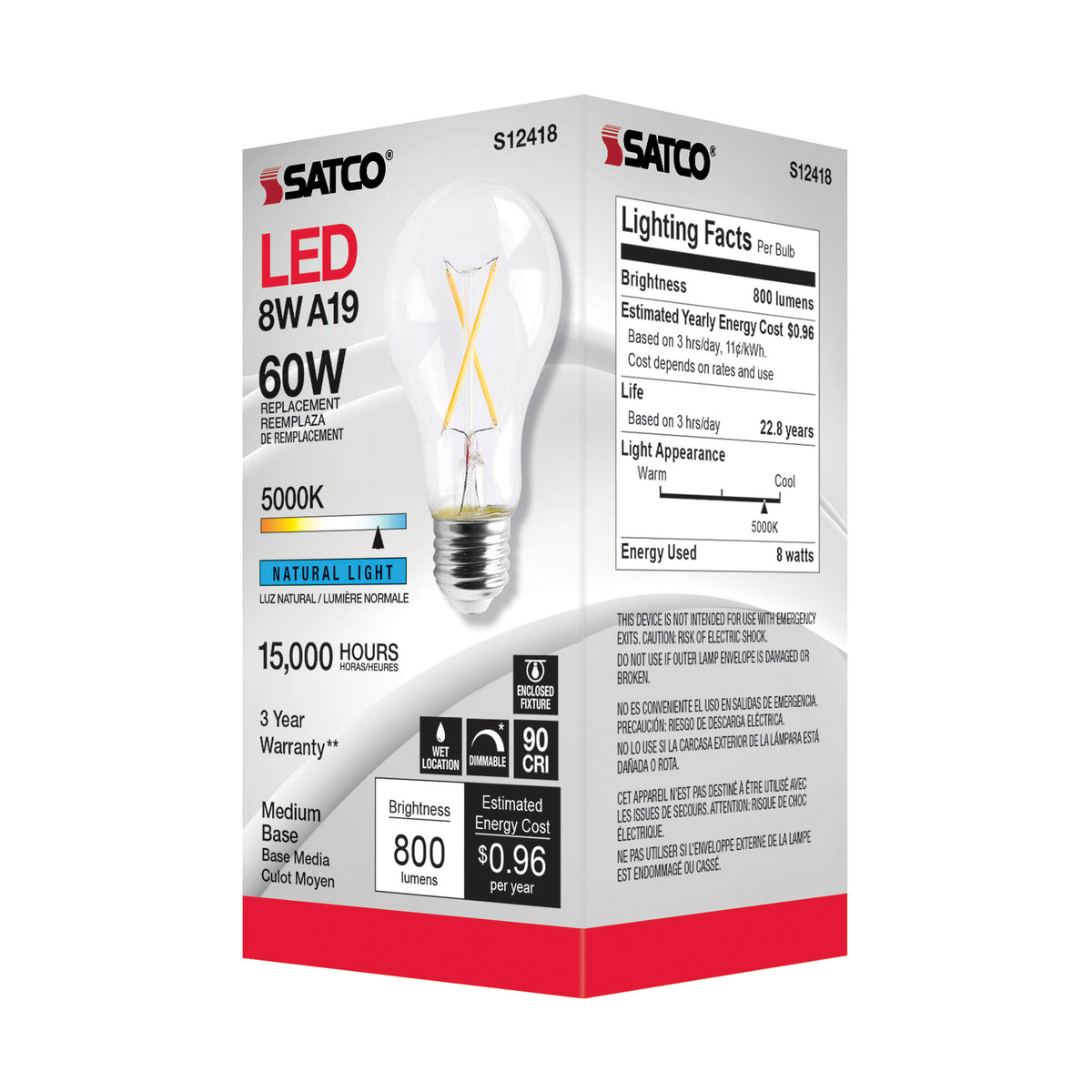 8 Watt A19 LED Filament - Clear - Medium Base - 5000K - 90 CRI - 120 Volt