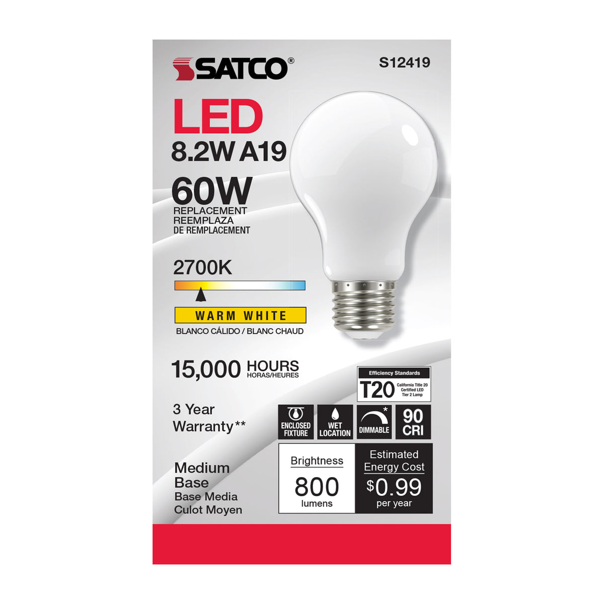 8.2 Watt A19 LED Filament - Soft White - Medium Base - 2700K - 90 CRI - 120 Volt