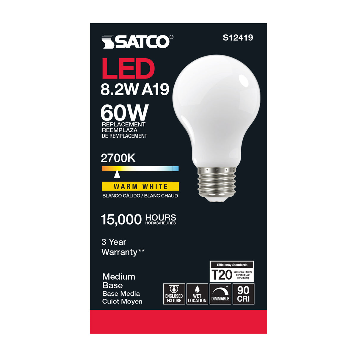 8.2 Watt A19 LED Filament - Soft White - Medium Base - 2700K - 90 CRI - 120 Volt