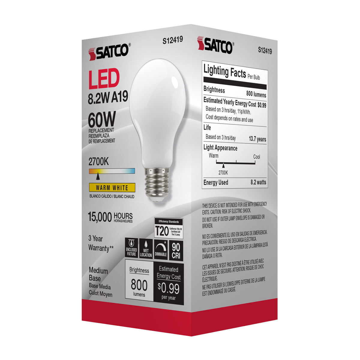 8.2 Watt A19 LED Filament - Soft White - Medium Base - 2700K - 90 CRI - 120 Volt