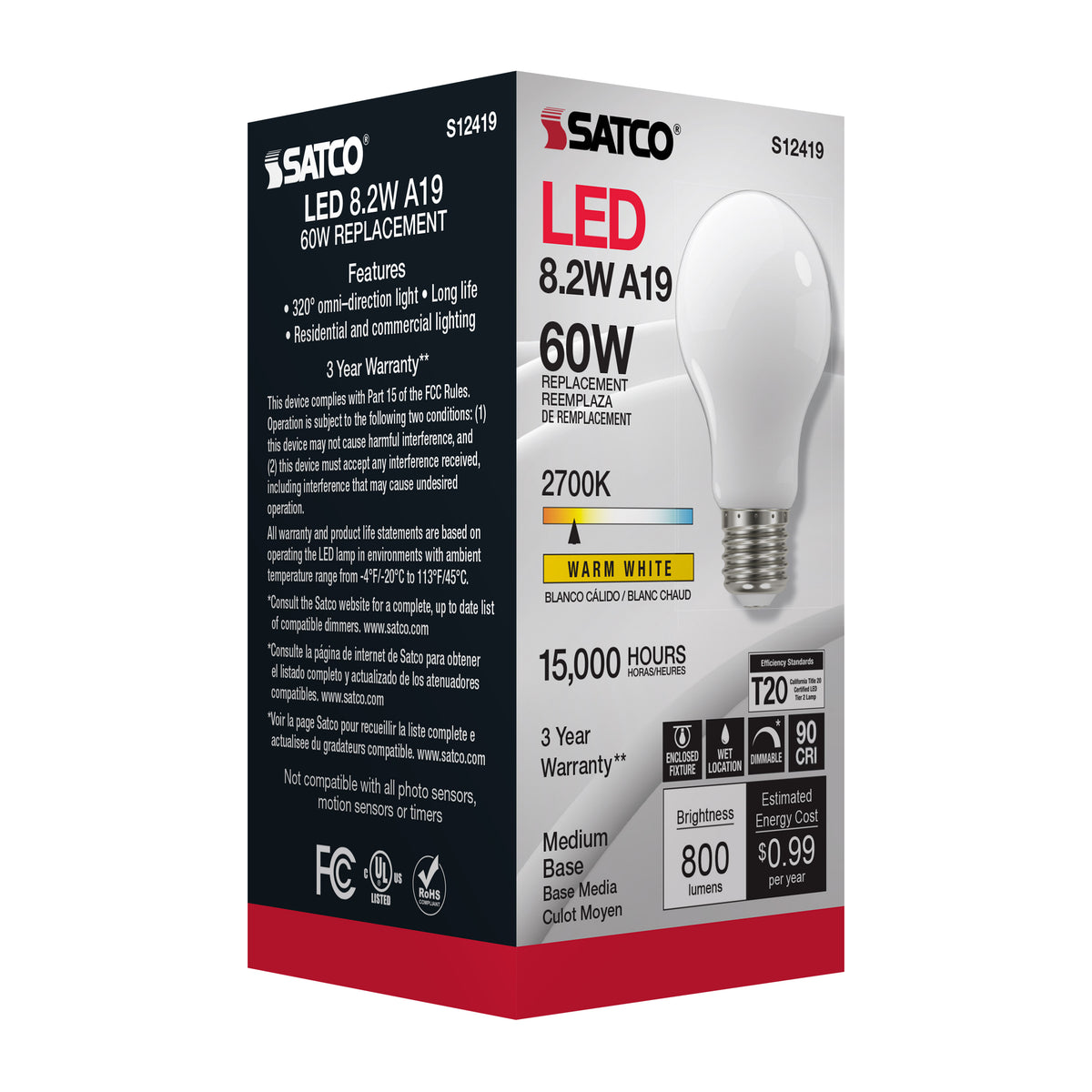 8.2 Watt A19 LED Filament - Soft White - Medium Base - 2700K - 90 CRI - 120 Volt