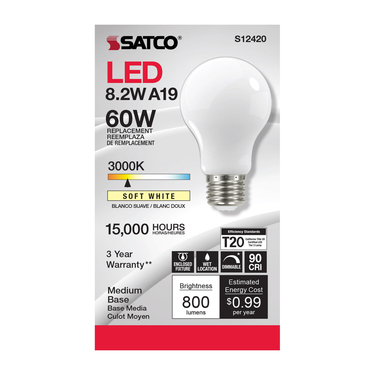 8.2 Watt A19 LED Filament - Soft White - Medium Base - 3000K - 90 CRI - 120 Volt
