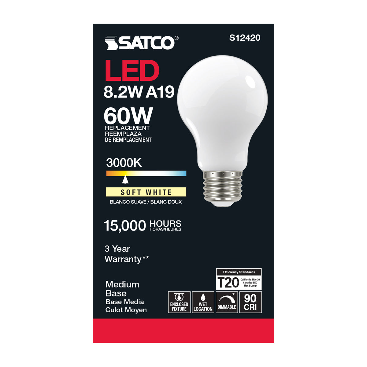 8.2 Watt A19 LED Filament - Soft White - Medium Base - 3000K - 90 CRI - 120 Volt