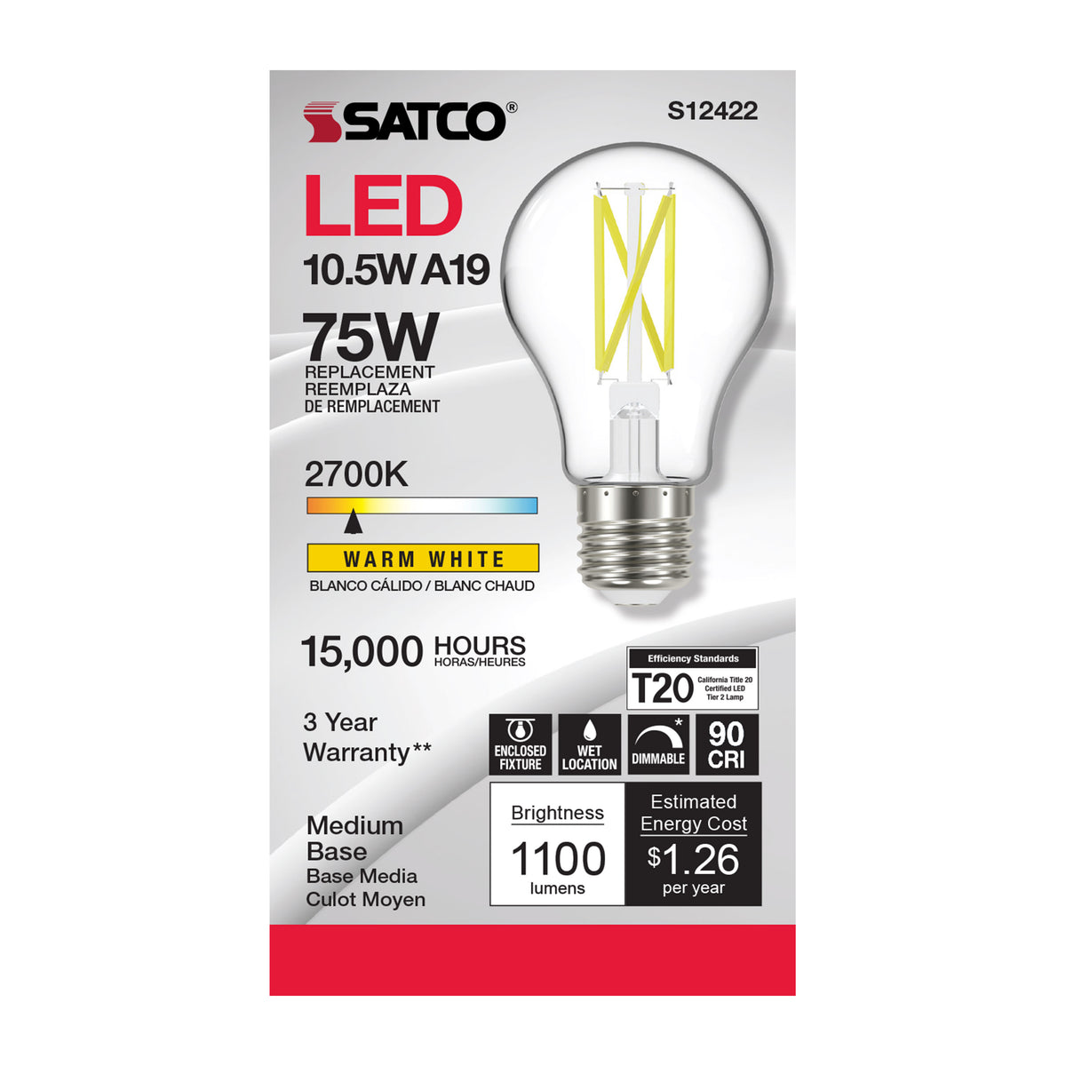 10.5 Watt A19 LED Filament - Clear - Medium Base - 2700K - 90 CRI - 120 Volt