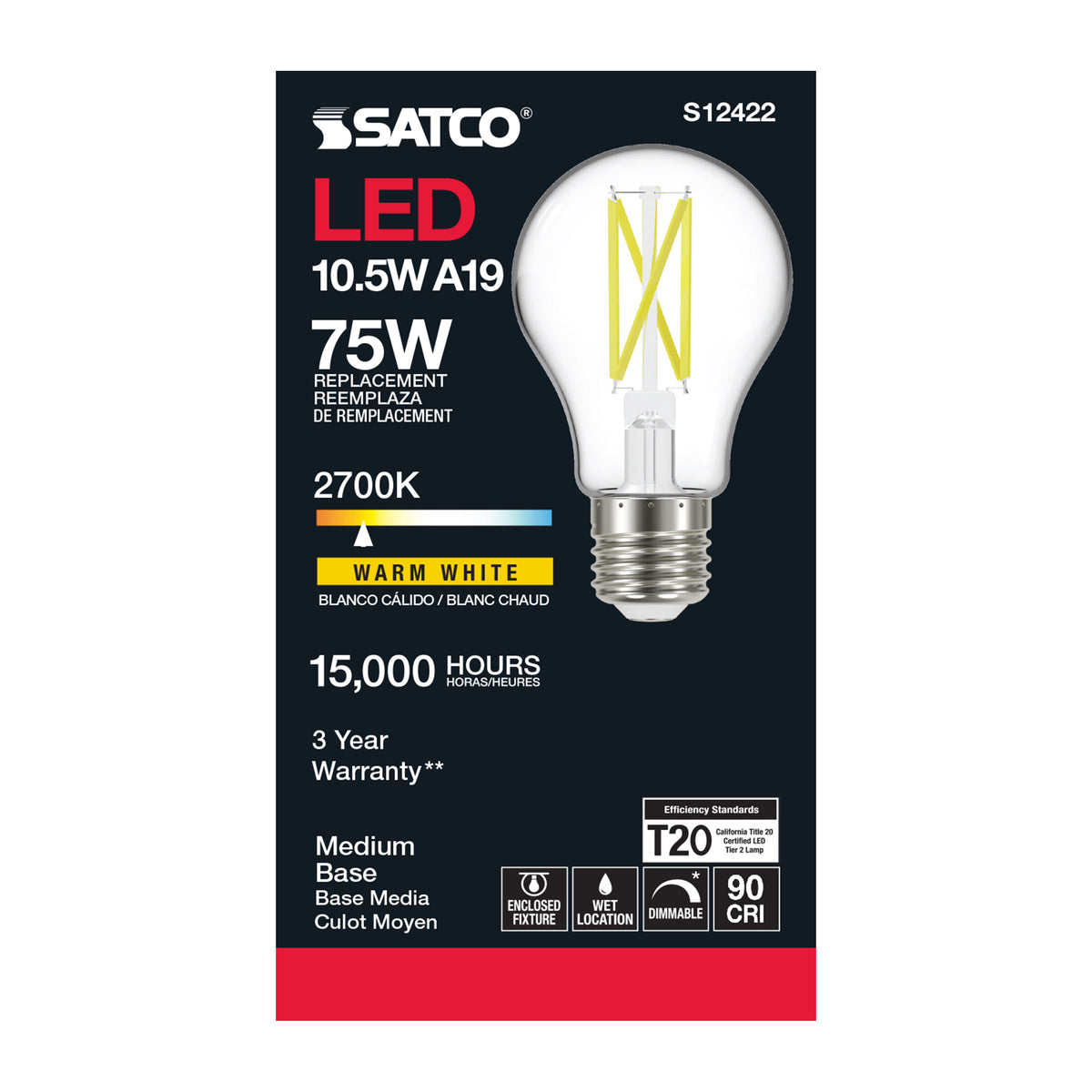 10.5 Watt A19 LED Filament - Clear - Medium Base - 2700K - 90 CRI - 120 Volt