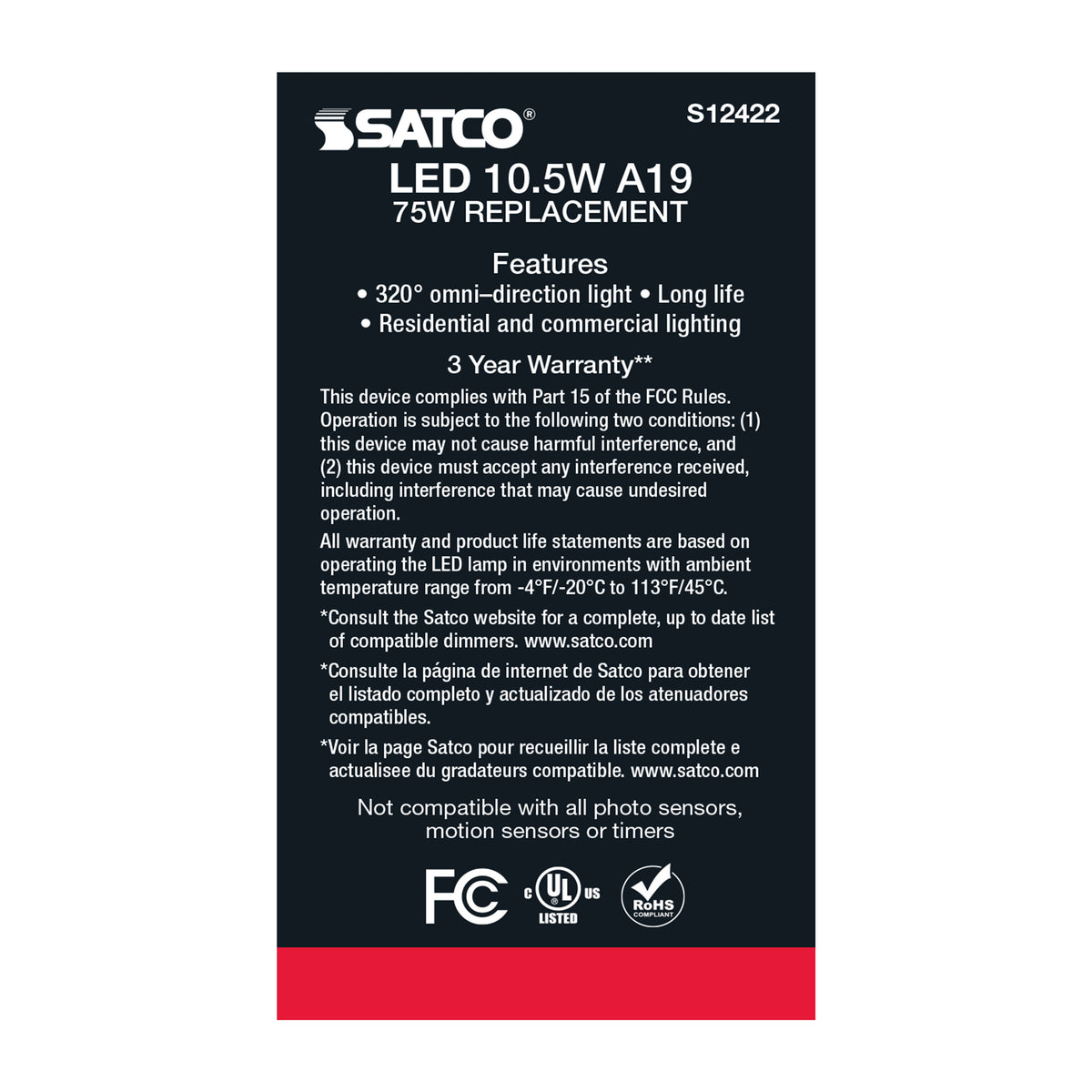 10.5 Watt A19 LED Filament - Clear - Medium Base - 2700K - 90 CRI - 120 Volt