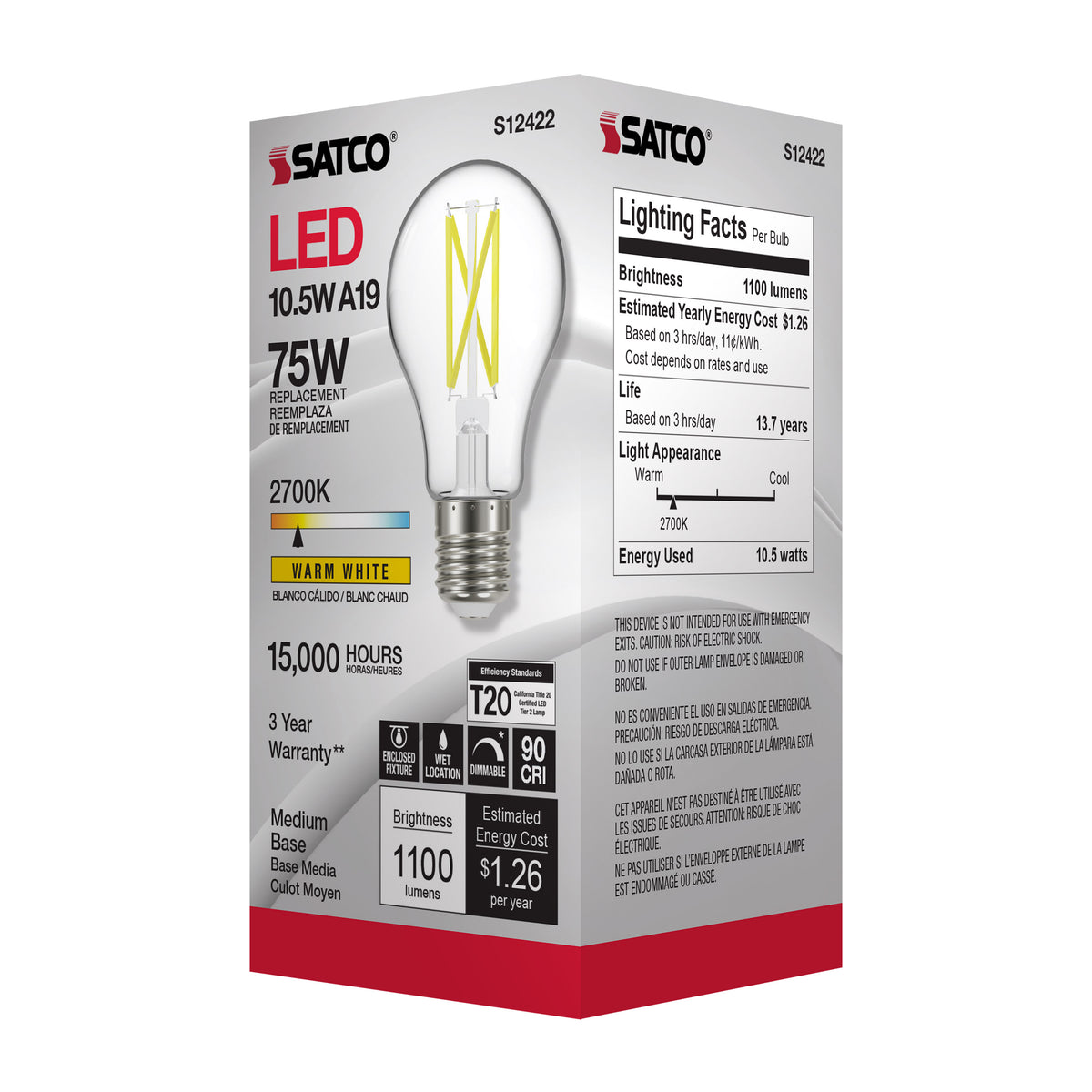 10.5 Watt A19 LED Filament - Clear - Medium Base - 2700K - 90 CRI - 120 Volt
