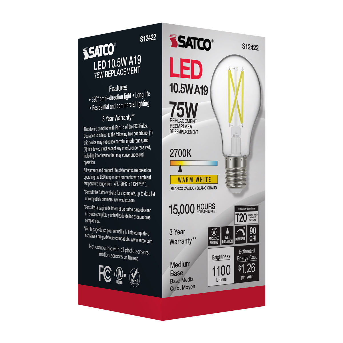 10.5 Watt A19 LED Filament - Clear - Medium Base - 2700K - 90 CRI - 120 Volt