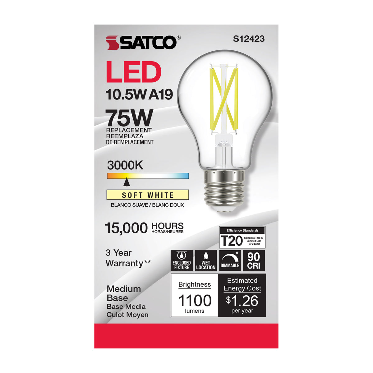 10.5 Watt A19 LED Filament - Clear - Medium Base - 3000K - 90 CRI - 120 Volt