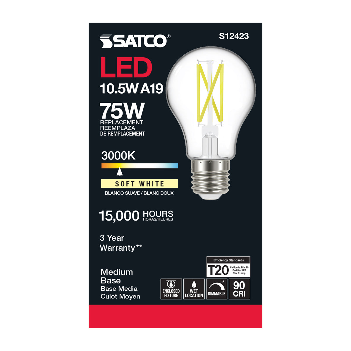 10.5 Watt A19 LED Filament - Clear - Medium Base - 3000K - 90 CRI - 120 Volt