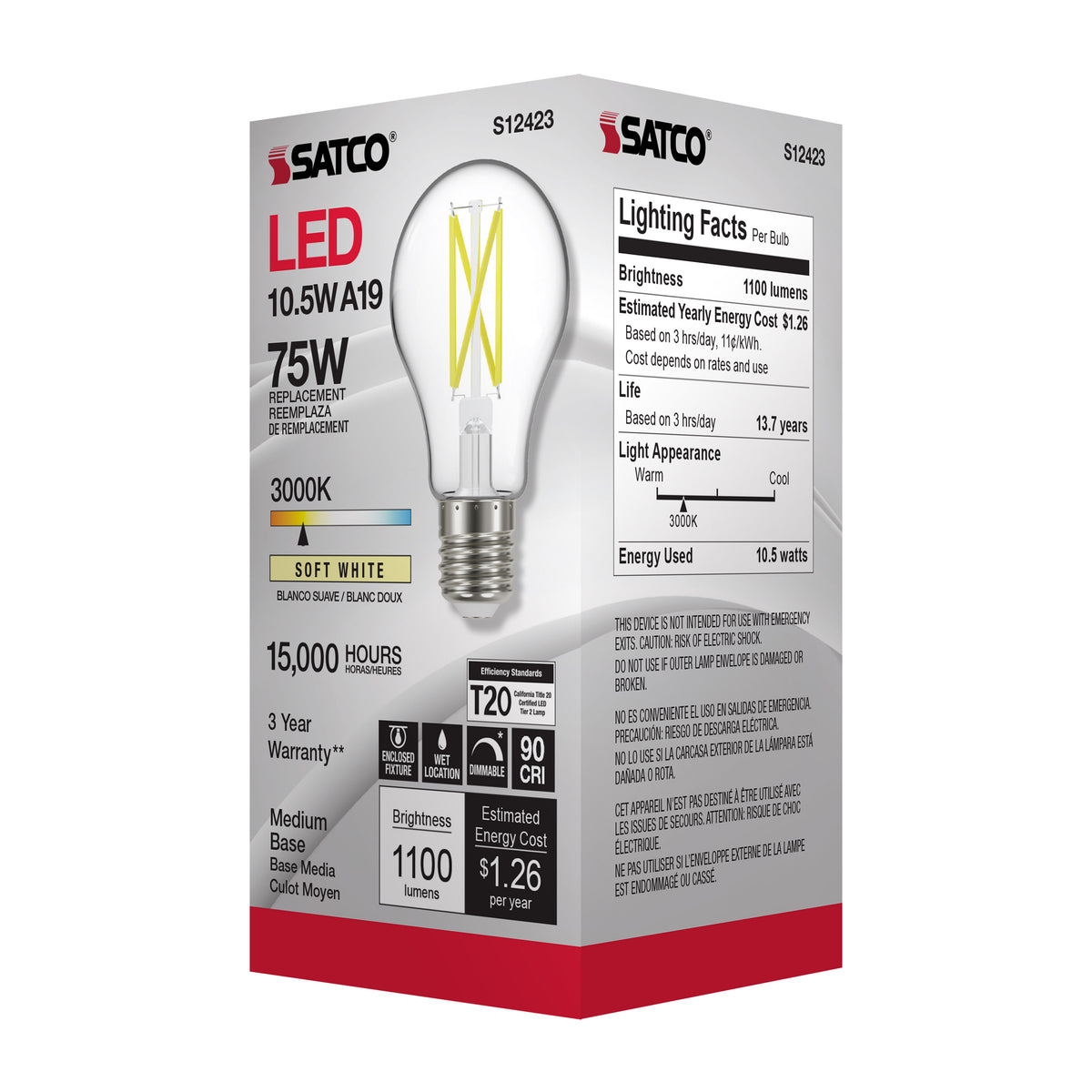 10.5 Watt A19 LED Filament - Clear - Medium Base - 3000K - 90 CRI - 120 Volt