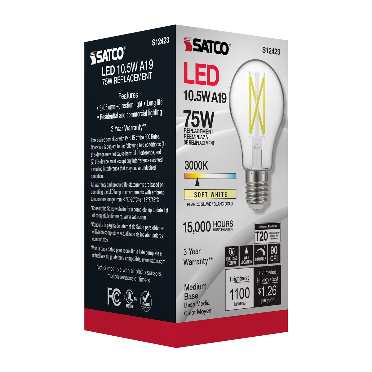 10.5 Watt A19 LED Filament - Clear - Medium Base - 3000K - 90 CRI - 120 Volt