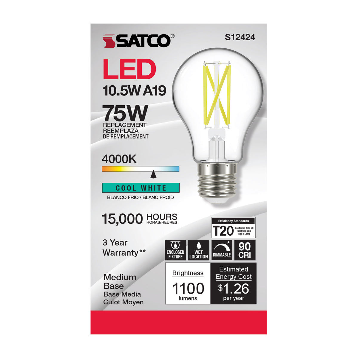 10.5 Watt A19 LED Filament - Clear - Medium Base - 4000K - 90 CRI - 120 Volt