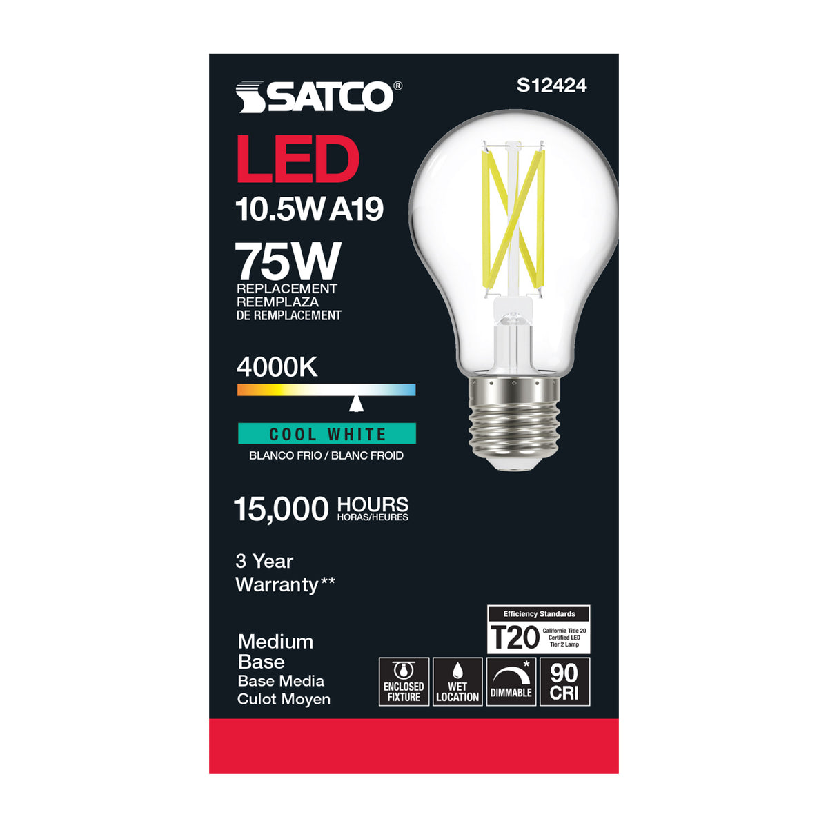 10.5 Watt A19 LED Filament - Clear - Medium Base - 4000K - 90 CRI - 120 Volt